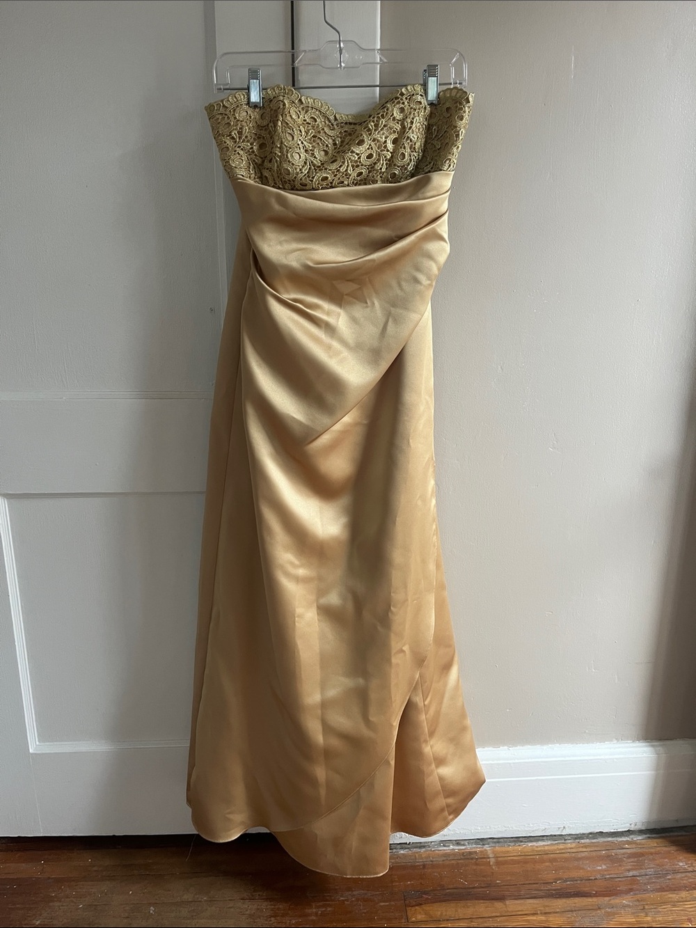 Strapless Gold Lace-Trim Prom Dress